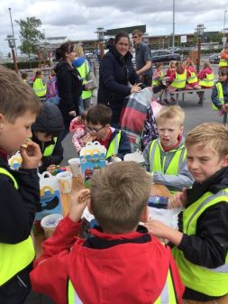 Enjoying our chicken nuggets and chips.